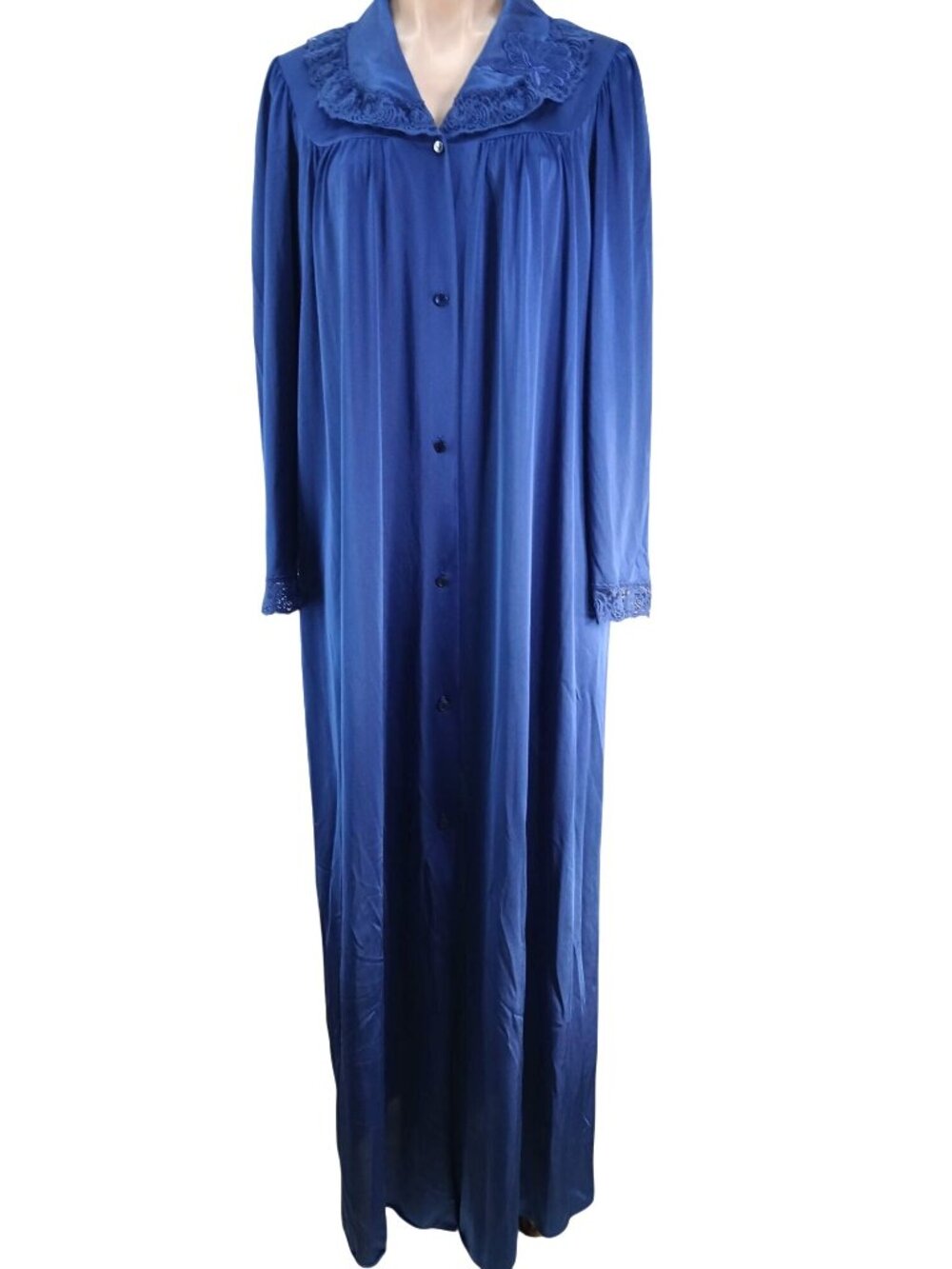 Vintage Shadowline Womens Button Up Blue Robe Size M Shawl Lace Collar Cottage